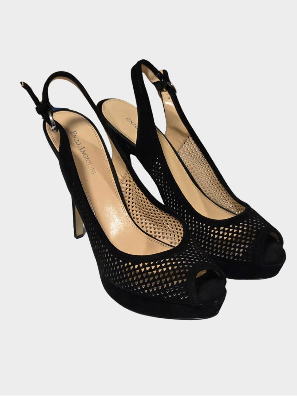 Enzo Angiolini Black Perforated Peep-Toe Slingback Heels